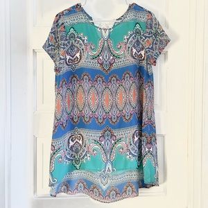 Colorful pattern cover up tunic with crochet lace detail on back beach or top